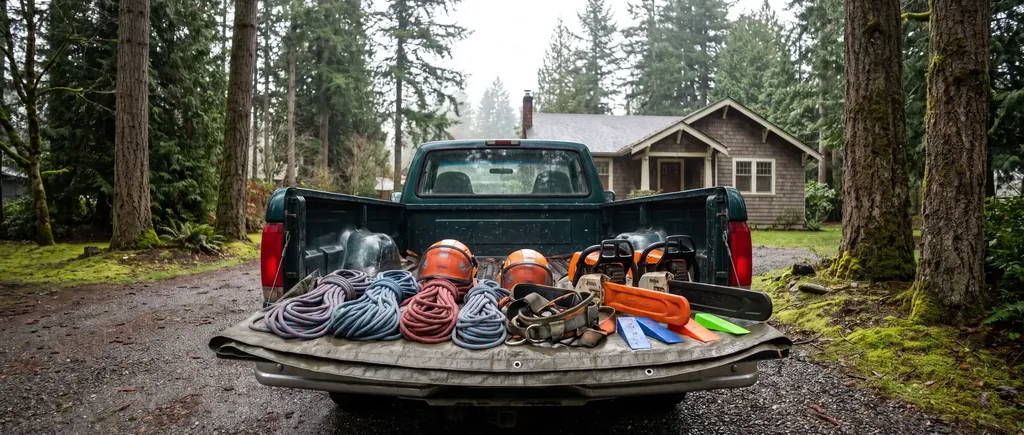 Tree crew gear laid out on a tailgate before a job in Whatcom County
