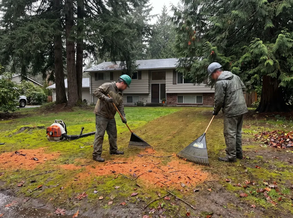 Crew raking a lawn clean after a tree removal