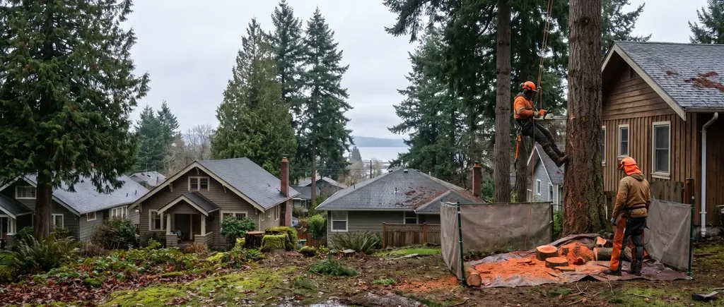 Tall conifers rising above older homes on a Bellingham hillside