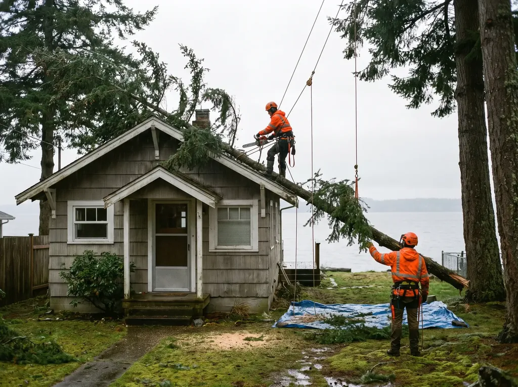 Trees close to shoreline cottages in Birch Bay