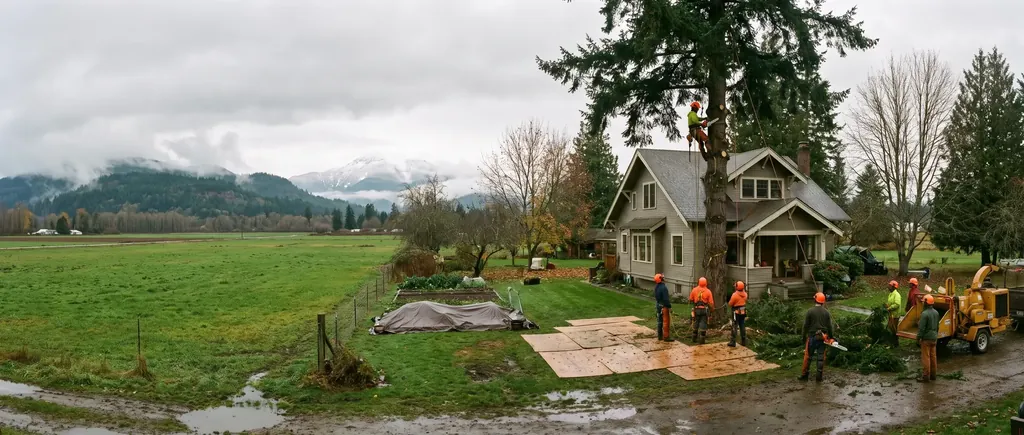 Forested foothills and farmland of Whatcom County under a grey sky
