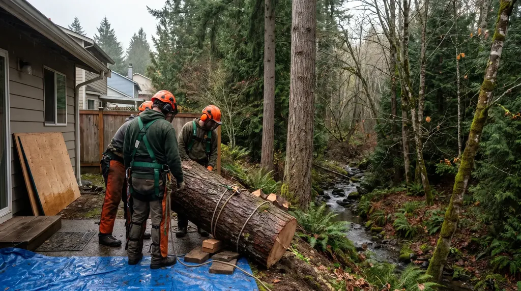 Steep wooded slope above a creek behind Bellingham homes