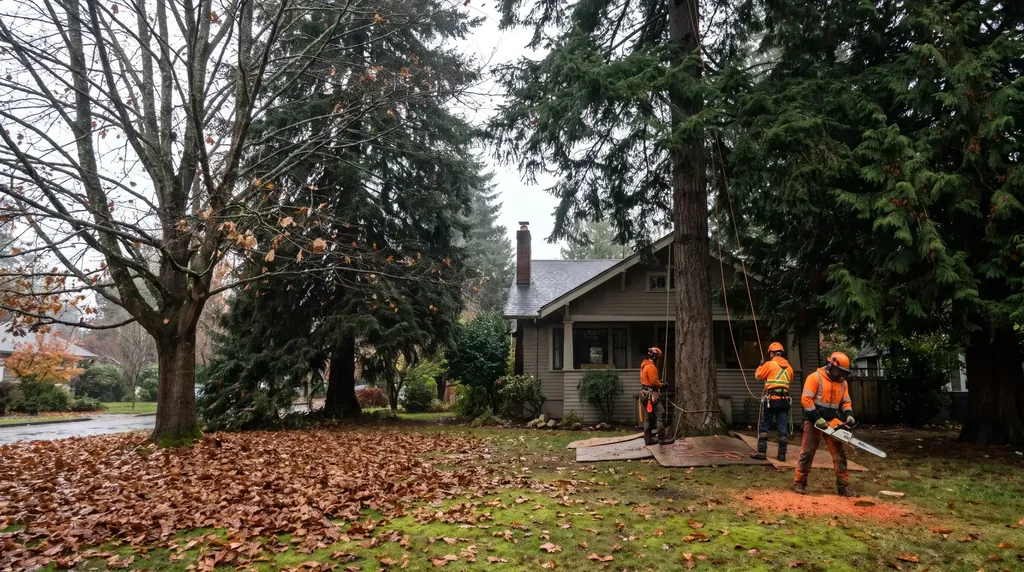 Bare deciduous trees and conifers in a Whatcom County yard in late fall