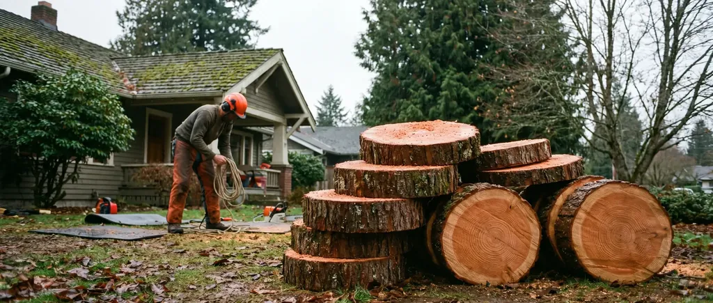 Freshly cut Douglas fir rounds stacked in a Whatcom County yard