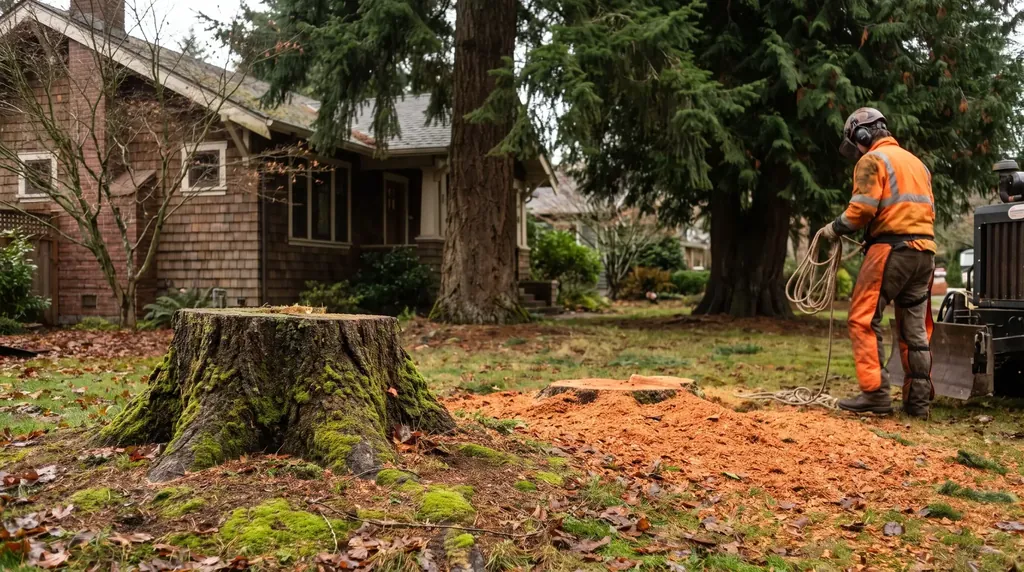 Old tree stump in a lawn next to a freshly ground stump area