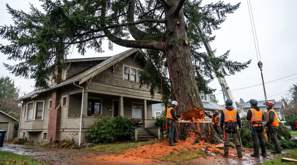 Tall fir close to a house roof, the kind of tree that costs more to remove
