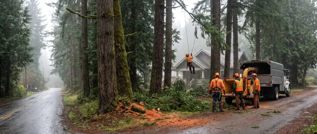 Tall conifers along a quiet Whatcom County road in soft rain