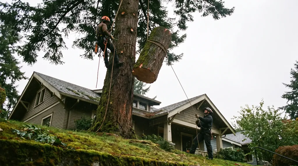 Arborist in a harness rigging a section of a tall Douglas fir above a Bellingham house roof