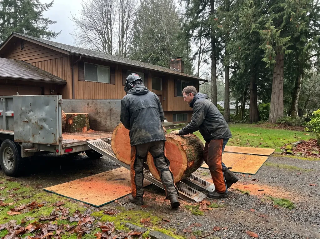 Crew loading cut fir rounds onto a trailer in a Whatcom County driveway after a tree removal