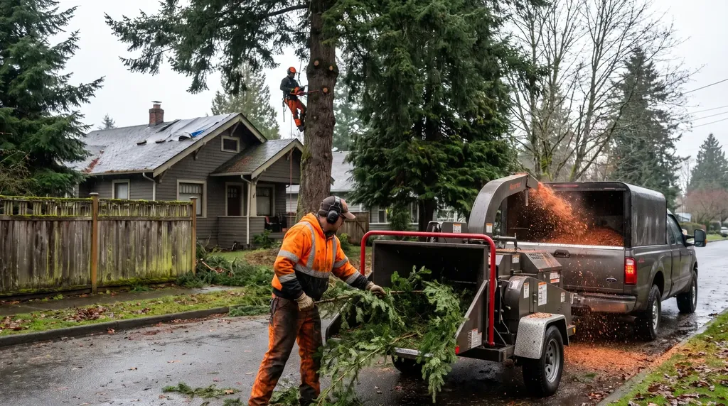 Ground crew feeding brush into a chipper while a climber works in the tree behind
