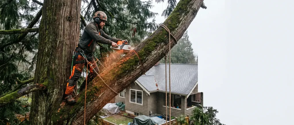 Arborist cutting a large limb from a western red cedar beside a Bellingham home