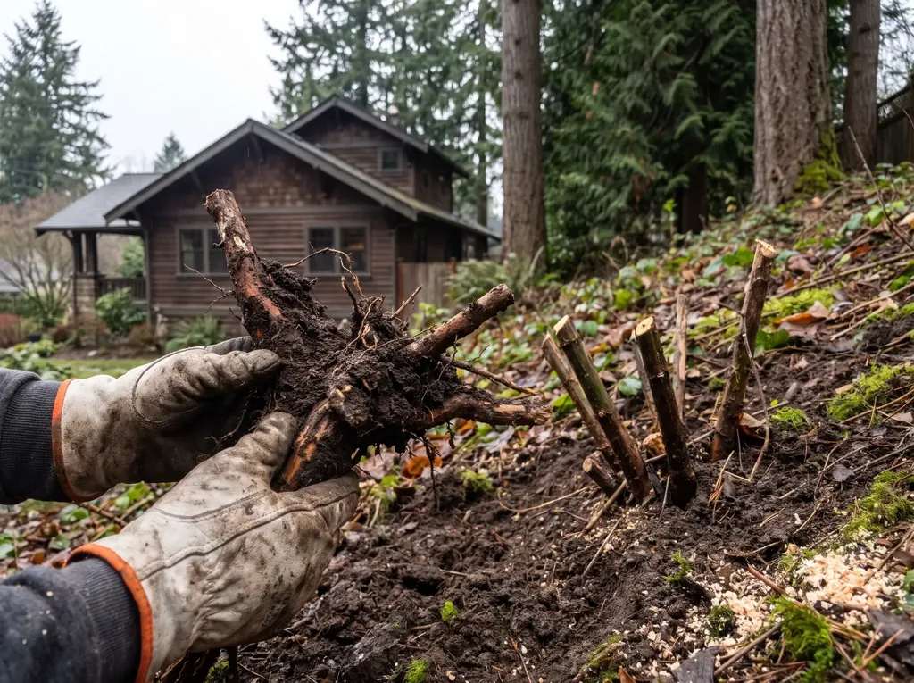 Blackberry root crowns dug out of the soil after the canes were cut