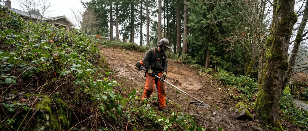 Hillside overgrown with Himalayan blackberry being cleared behind a home
