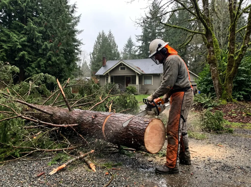 Worker cutting a fallen tree into rounds to clear a blocked driveway