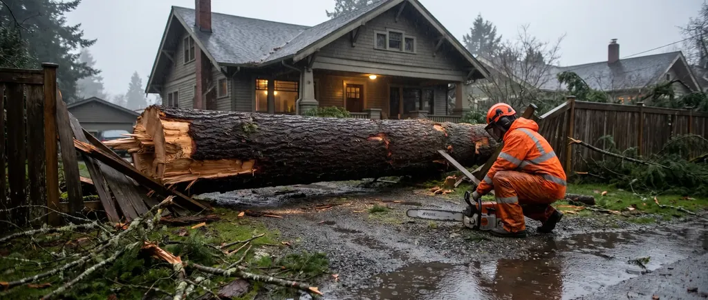 Storm-snapped tree across a driveway and fence after a Whatcom County windstorm