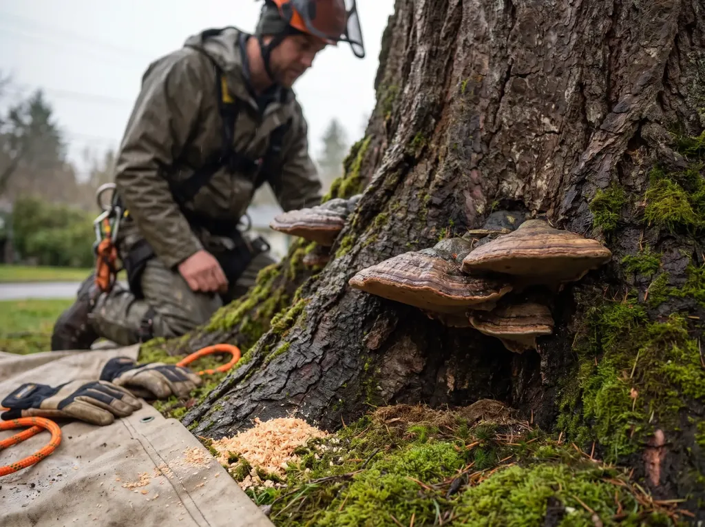 Fungal conks growing on the lower trunk of a decaying tree