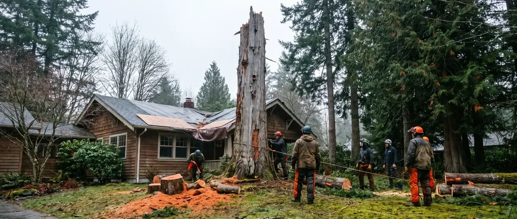 Dead standing conifer with a broken top beside a Bellingham home