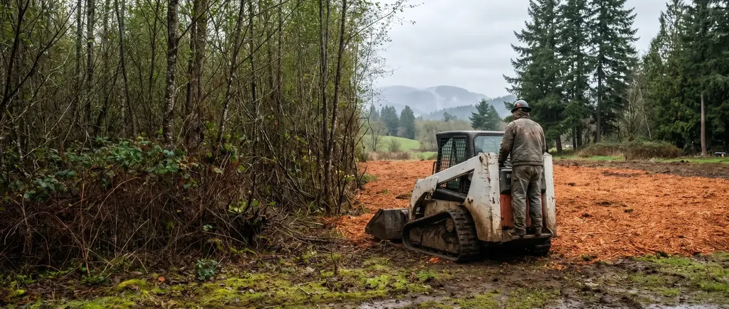 Rural Whatcom County lot partly cleared of alder and brush with mulch spread across the ground