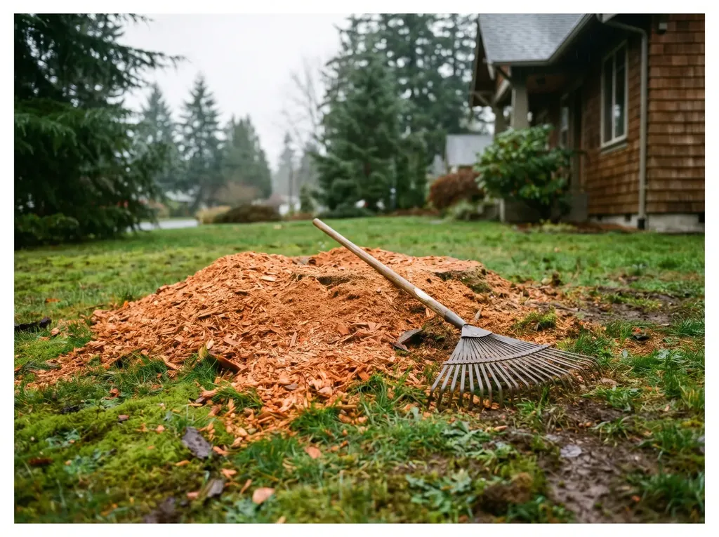 Ground-out stump hole filled with fresh wood chips level with the lawn