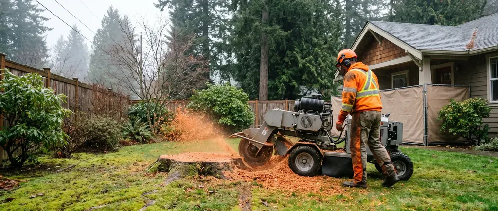Stump grinder removing a wide fir stump in a Whatcom County backyard