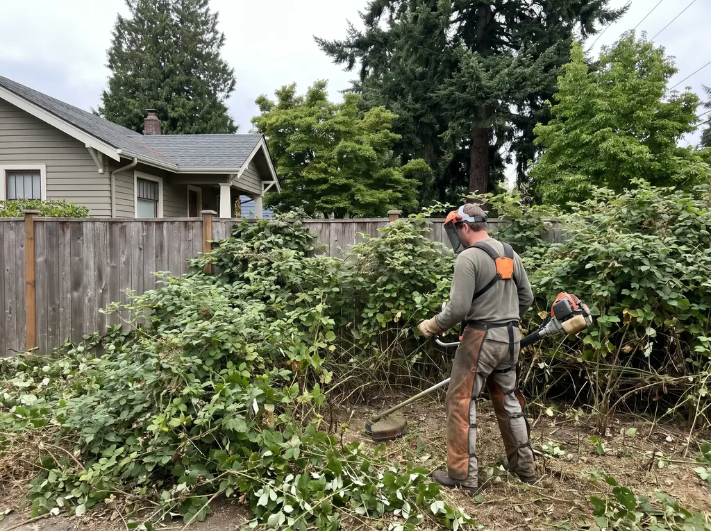 Worker cutting back a dense wall of Himalayan blackberry along a fence line