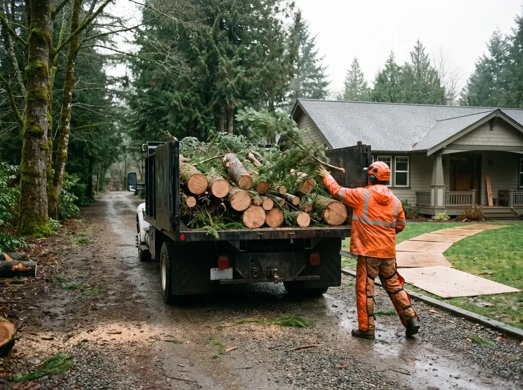 Truck loaded with cut logs and brush leaving a residential driveway