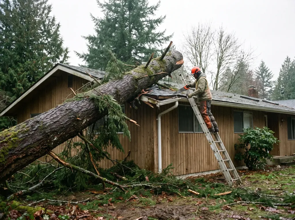 Fallen fir tree resting on a house roof after a windstorm in Whatcom County