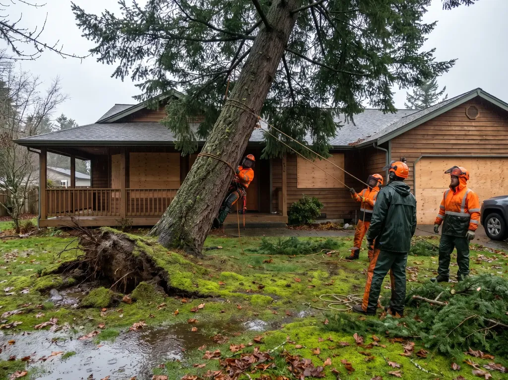 Tall leaning fir with a heaved root plate on soggy ground near a house