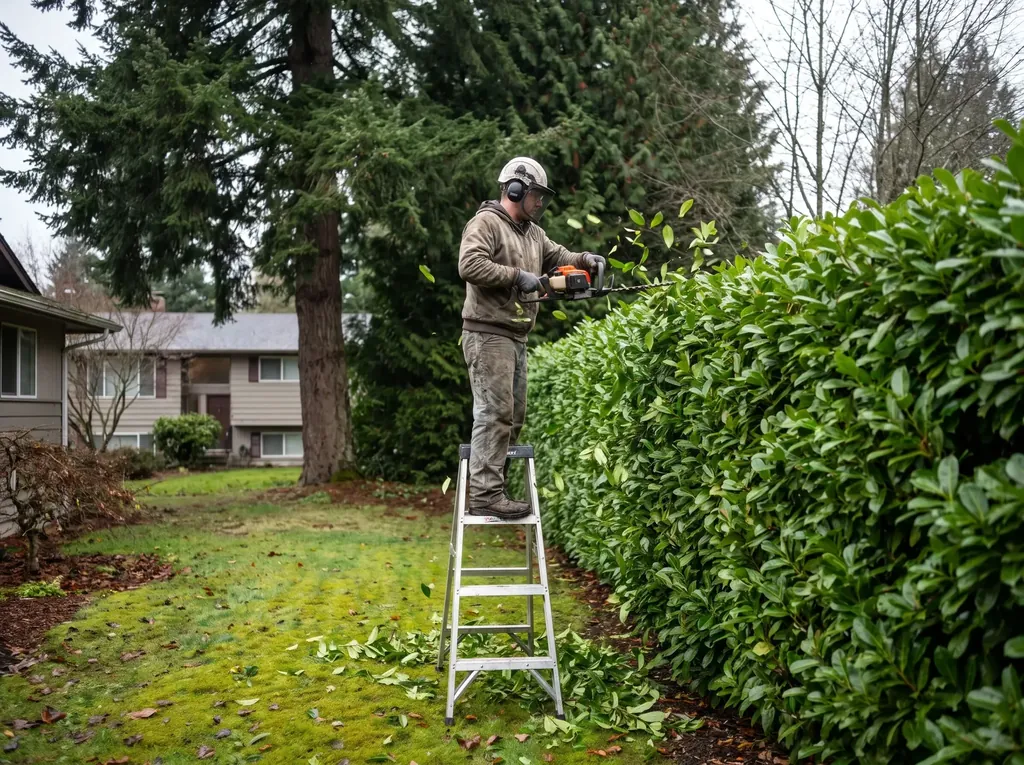 Tall laurel hedge being trimmed flat with a hedge trimmer