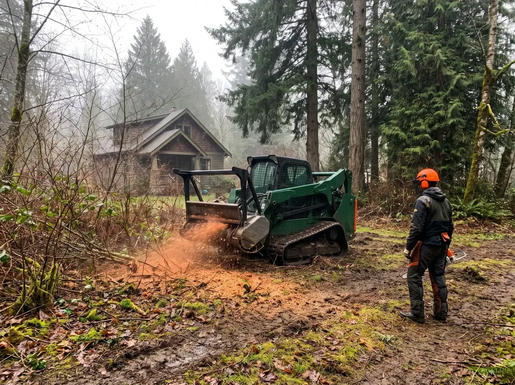 Compact track loader with a mulching head clearing alder and brush on a rural lot