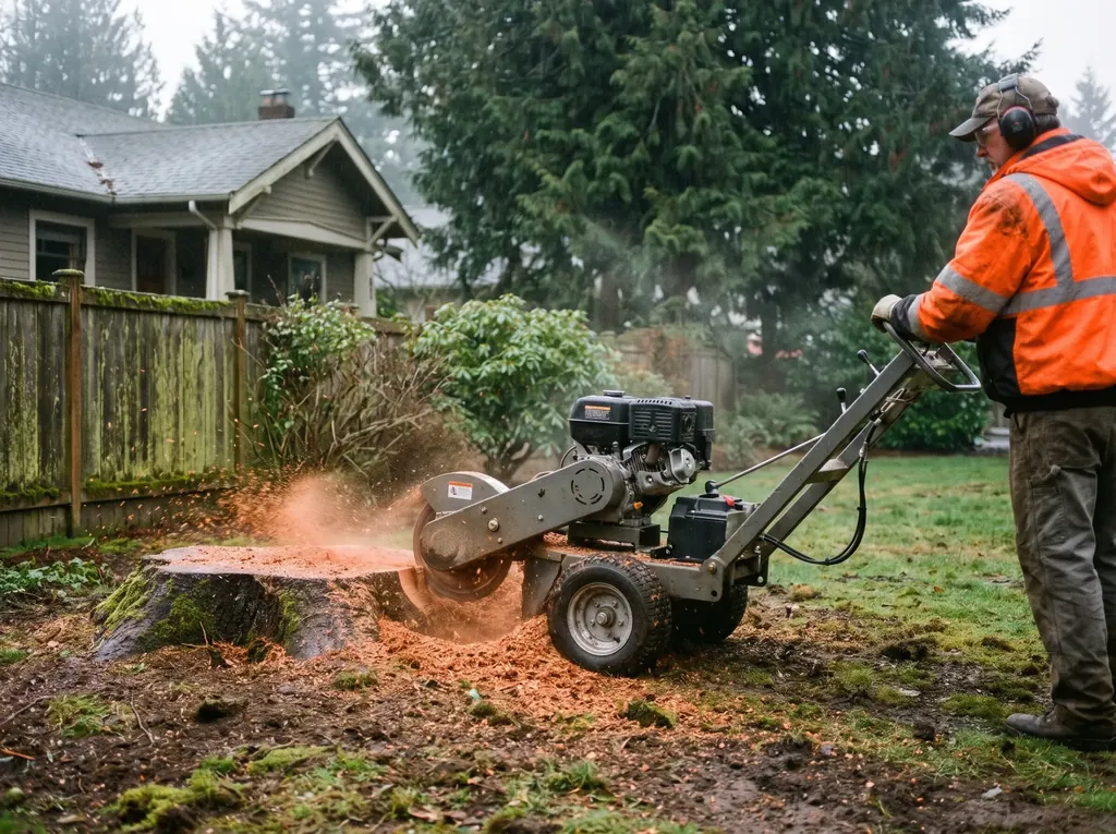 Stump grinder cutting a large fir stump below grade in a yard