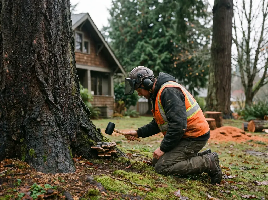 Arborist examining the base of a large tree trunk for decay with a mallet