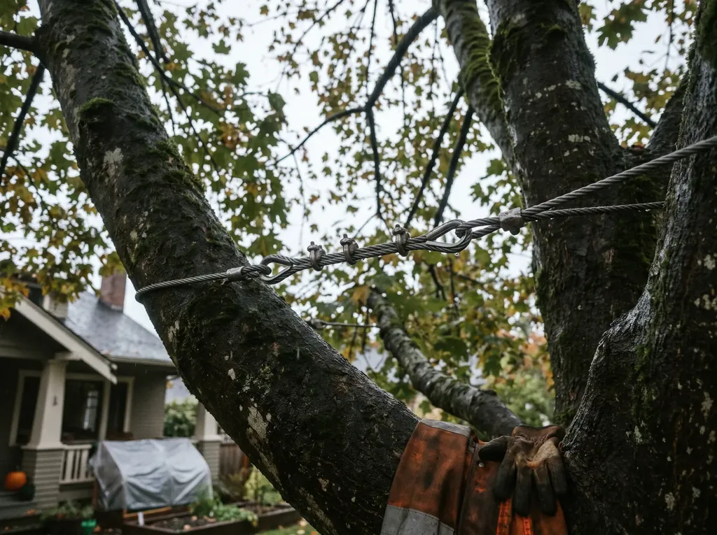 Steel support cable installed between two leaders high in a large tree