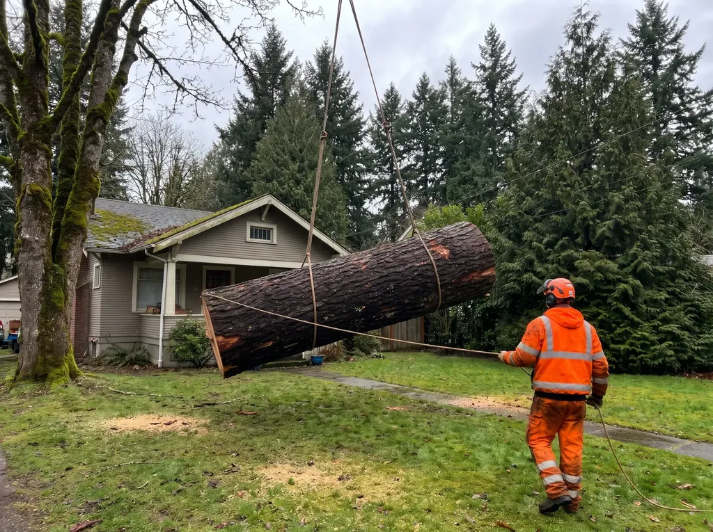 Large Douglas fir trunk section being lowered on a rope during a tree removal