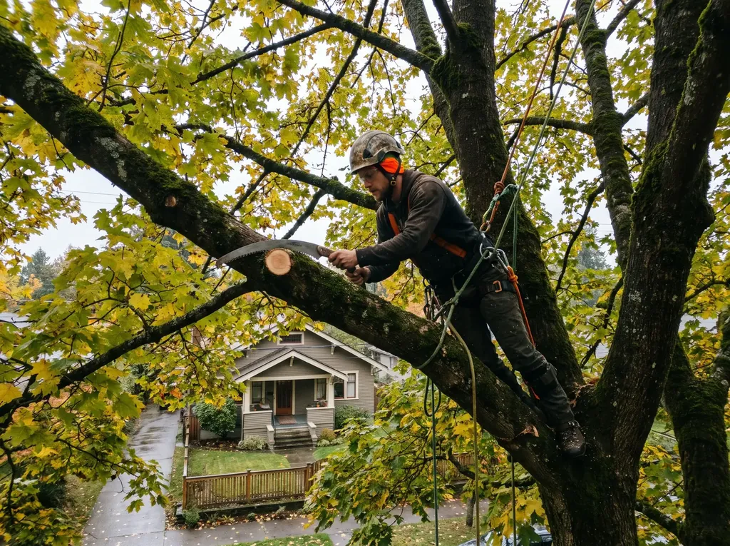 Climber thinning the crown of a big-leaf maple over a Bellingham street