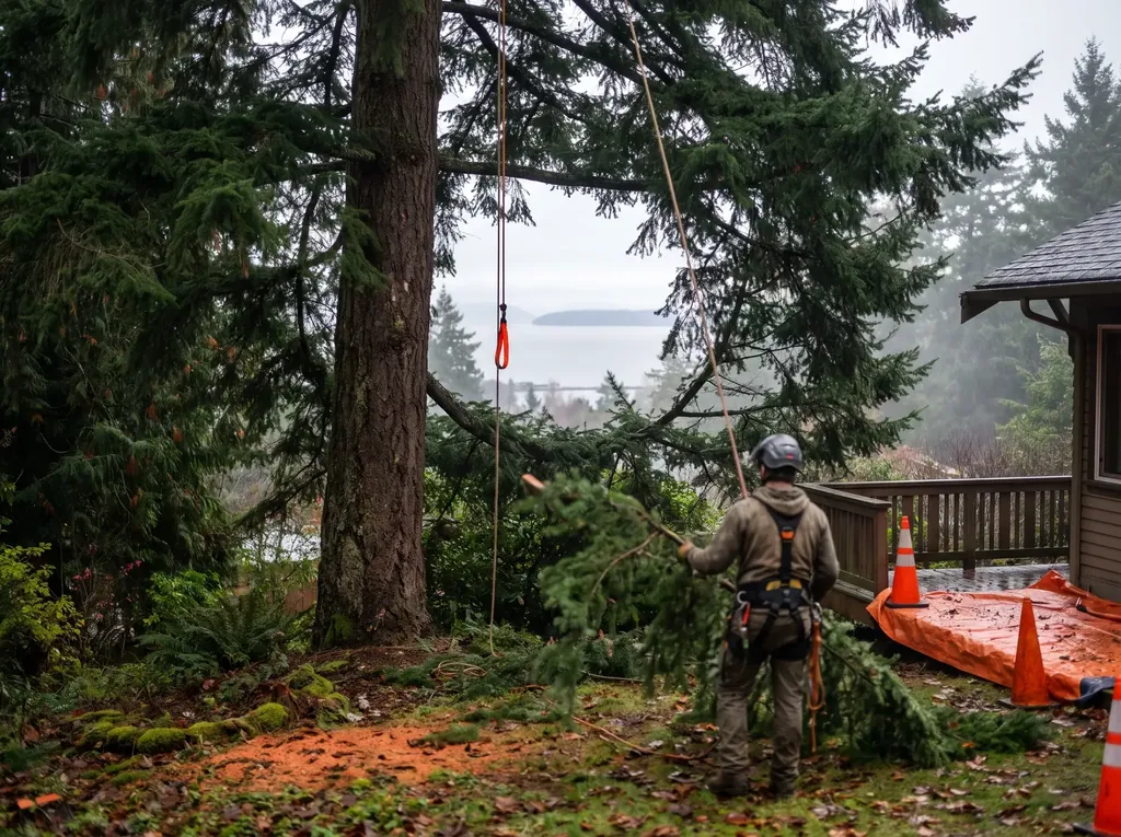 Thinned conifer framing a view of Bellingham Bay