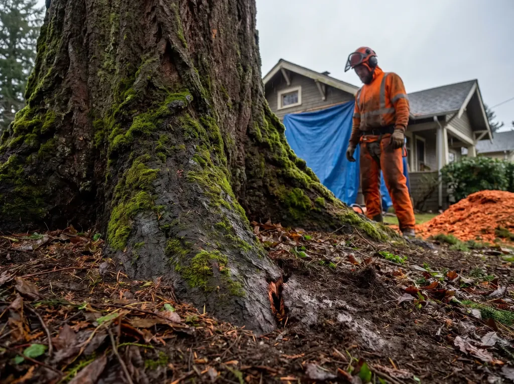 Close view of root flare and soil around the base of a large tree