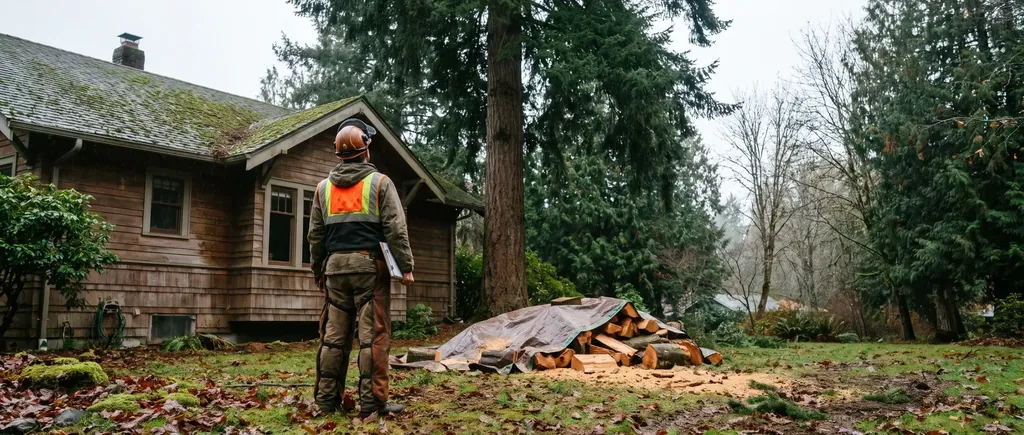 Person studying the lean and canopy of a tall fir near a house
