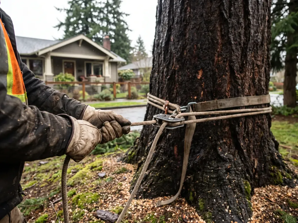 Ground worker controlling a lowering rope wrapped on a friction device at the base of a tree