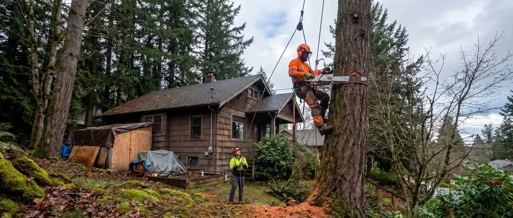 Climber taking down a tall Douglas fir in sections beside a house in Bellingham