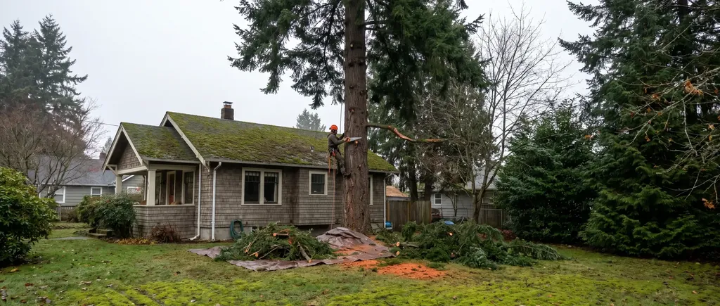Climber pruning deadwood from a tall conifer above a house roof